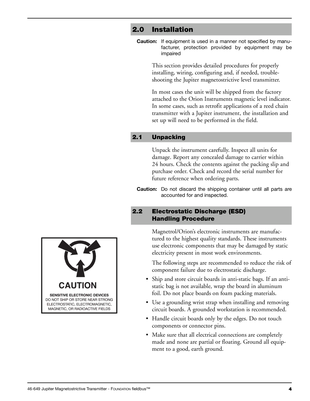 Orion 2xx manual Installation, Unpacking, Electrostatic Discharge ESD Handling Procedure 