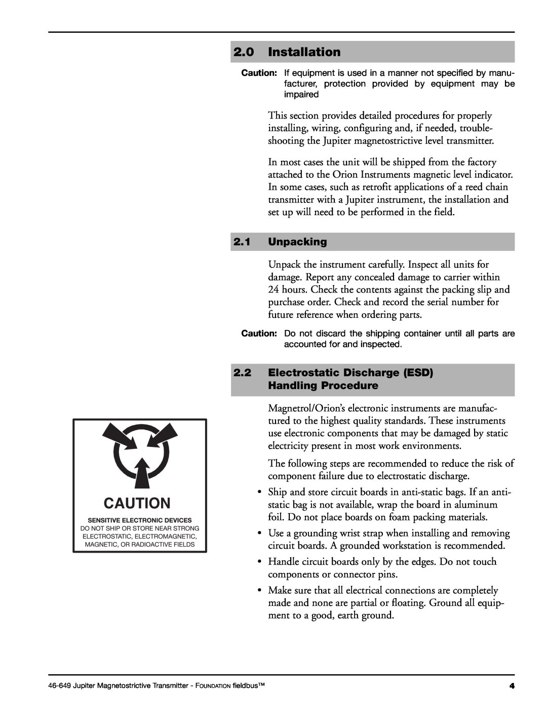 Orion 2xx manual 2.0Installation, 2.1Unpacking, 2.2Electrostatic Discharge ESD Handling Procedure 
