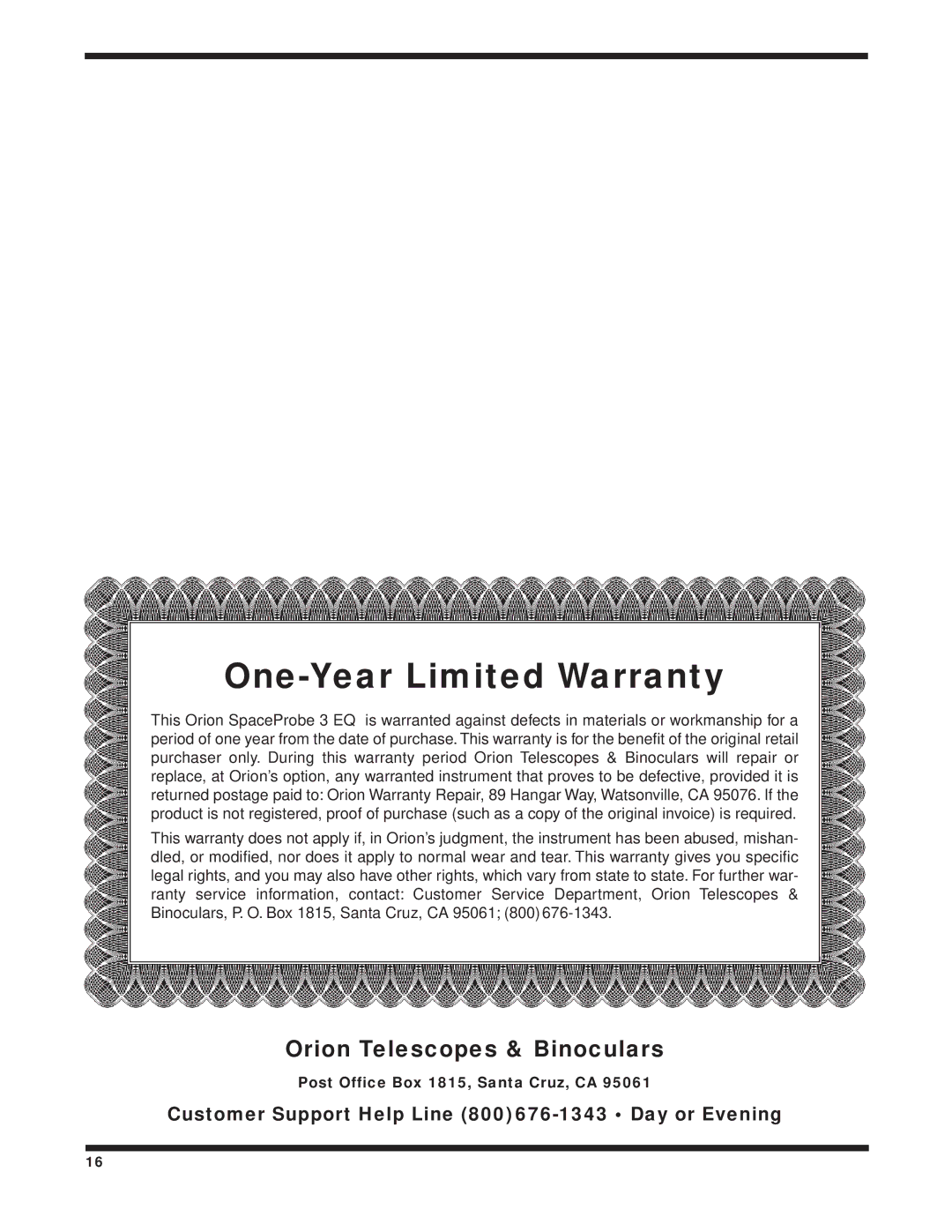 Orion 3 EQ instruction manual One-Year Limited Warranty 