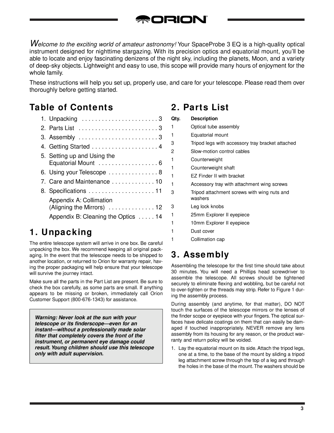 Orion 3 EQ instruction manual Table of Contents, Unpacking, Parts List, Assembly 