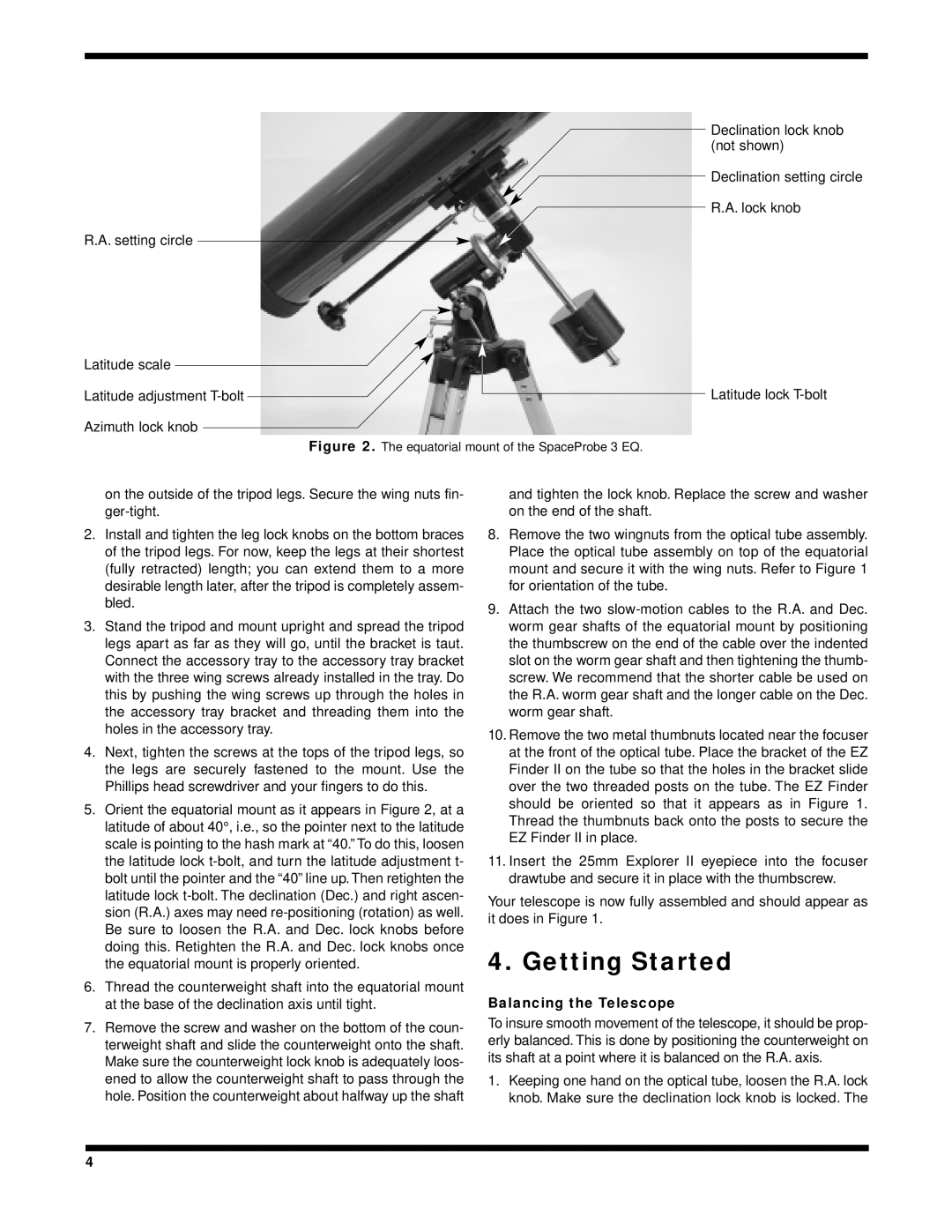 Orion 3 EQ instruction manual Getting Started, Balancing the Telescope 