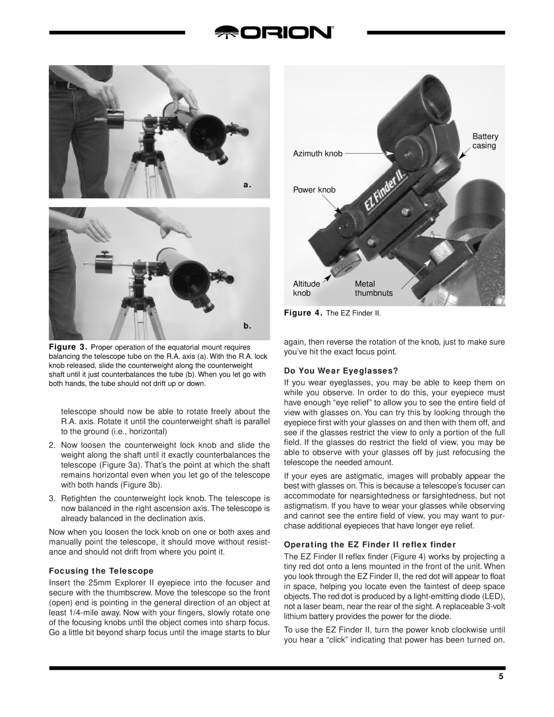 Orion 3 EQ instruction manual Focusing the Telescope, Do You Wear Eyeglasses?, Operating the EZ Finder II reflex finder 