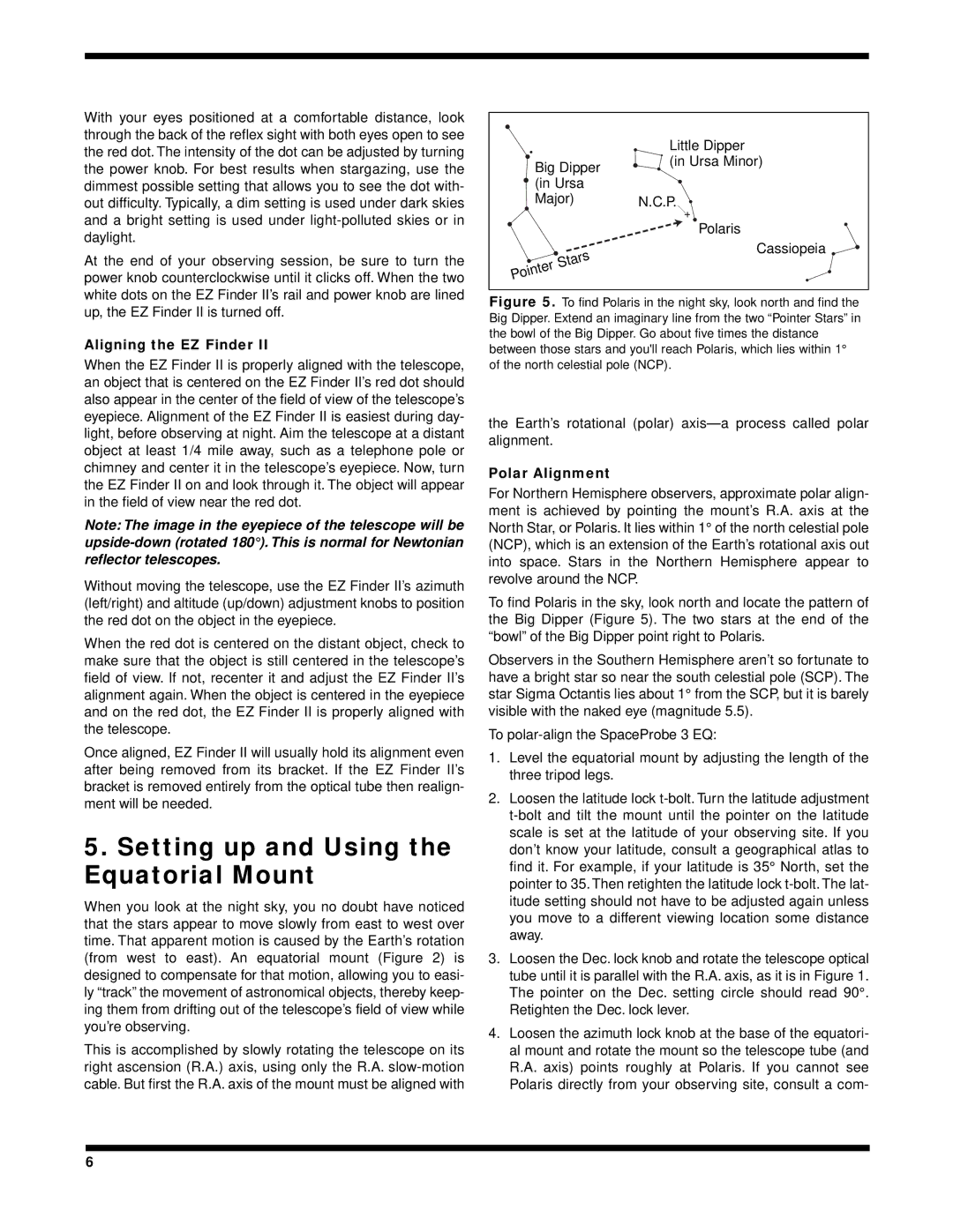 Orion 3 EQ instruction manual Setting up and Using the Equatorial Mount, Aligning the EZ Finder, Polar Alignment 