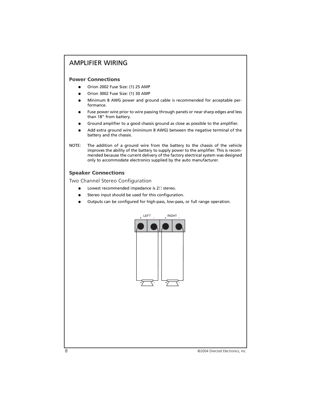 Orion 3002 manual Amplifier Wiring, Power Connections, Speaker Connections 