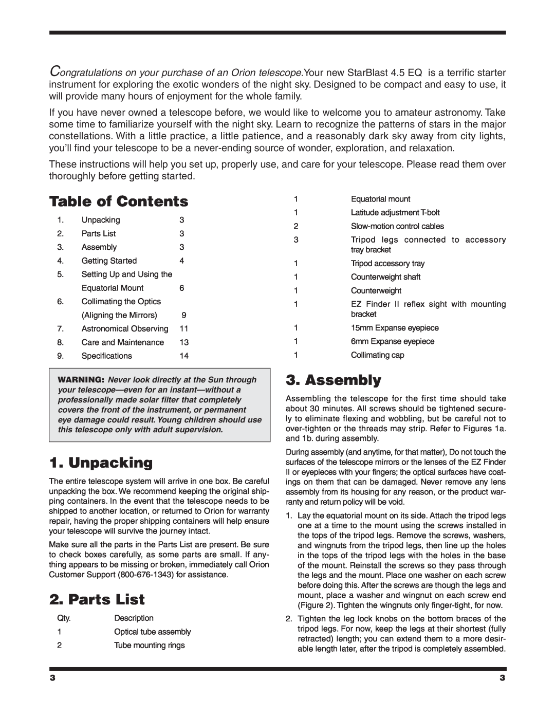 Orion 4.5 EQ instruction manual Table of Contents, Unpacking, Parts List, Assembly 