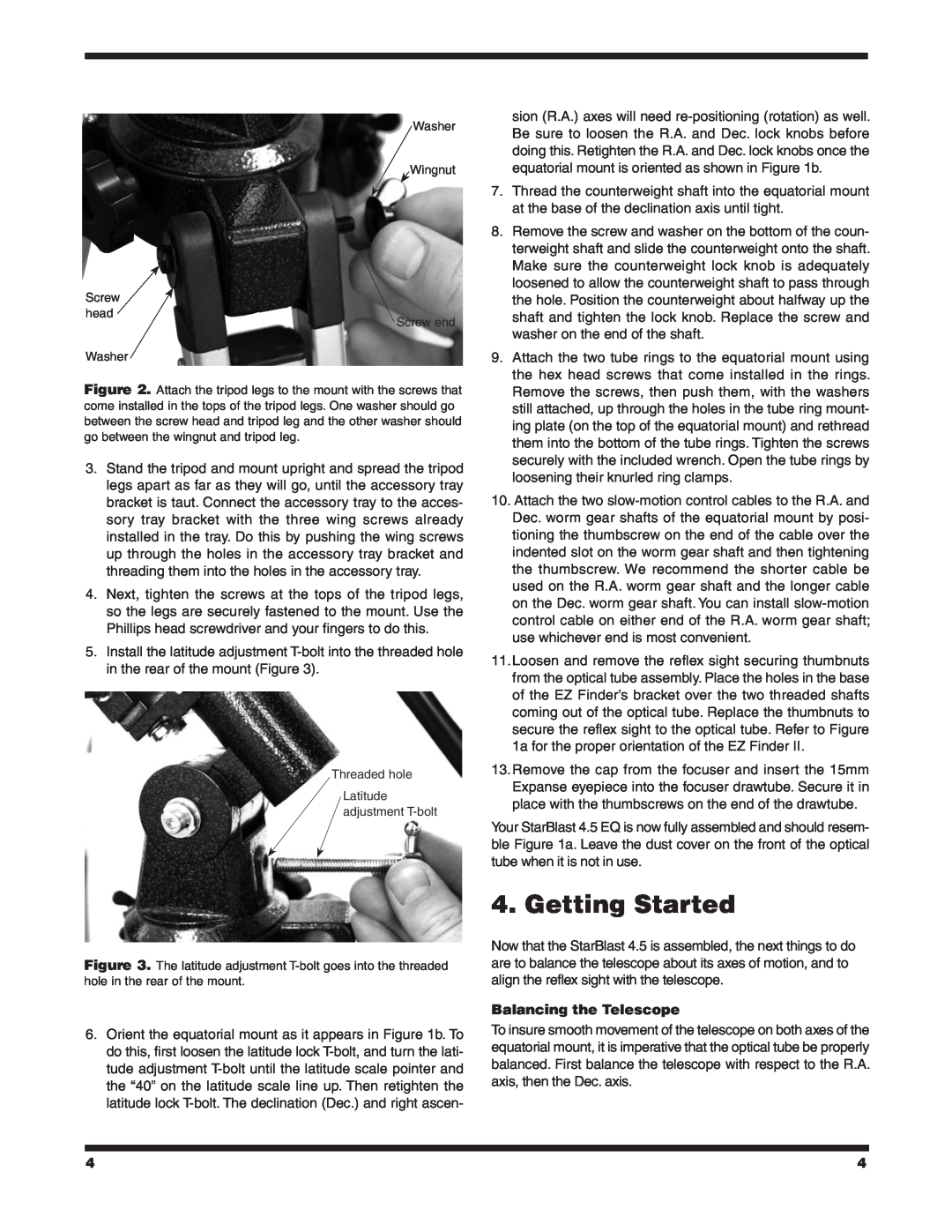 Orion 4.5 EQ instruction manual Getting Started, Balancing the Telescope 