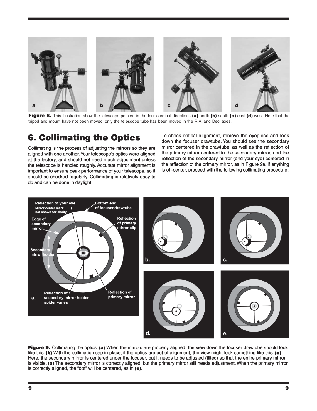Orion 4.5 EQ instruction manual Collimating the Optics, b.c a d.e 