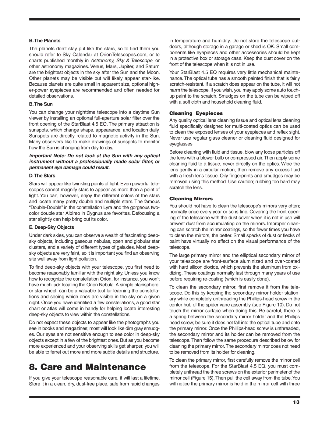 Orion 4.5 EQ instruction manual Care and Maintenance 