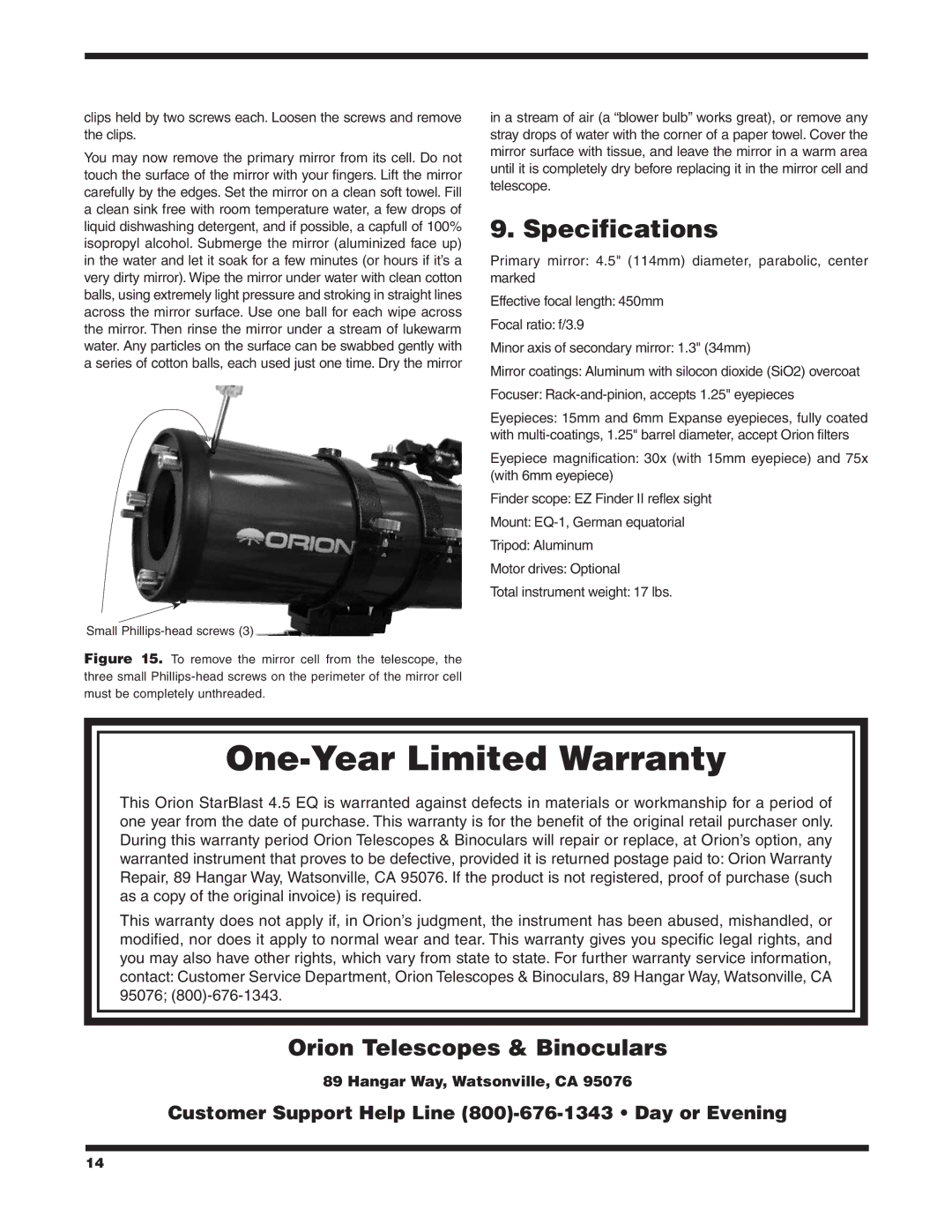 Orion 4.5 EQ instruction manual One-Year Limited Warranty, Specifications 