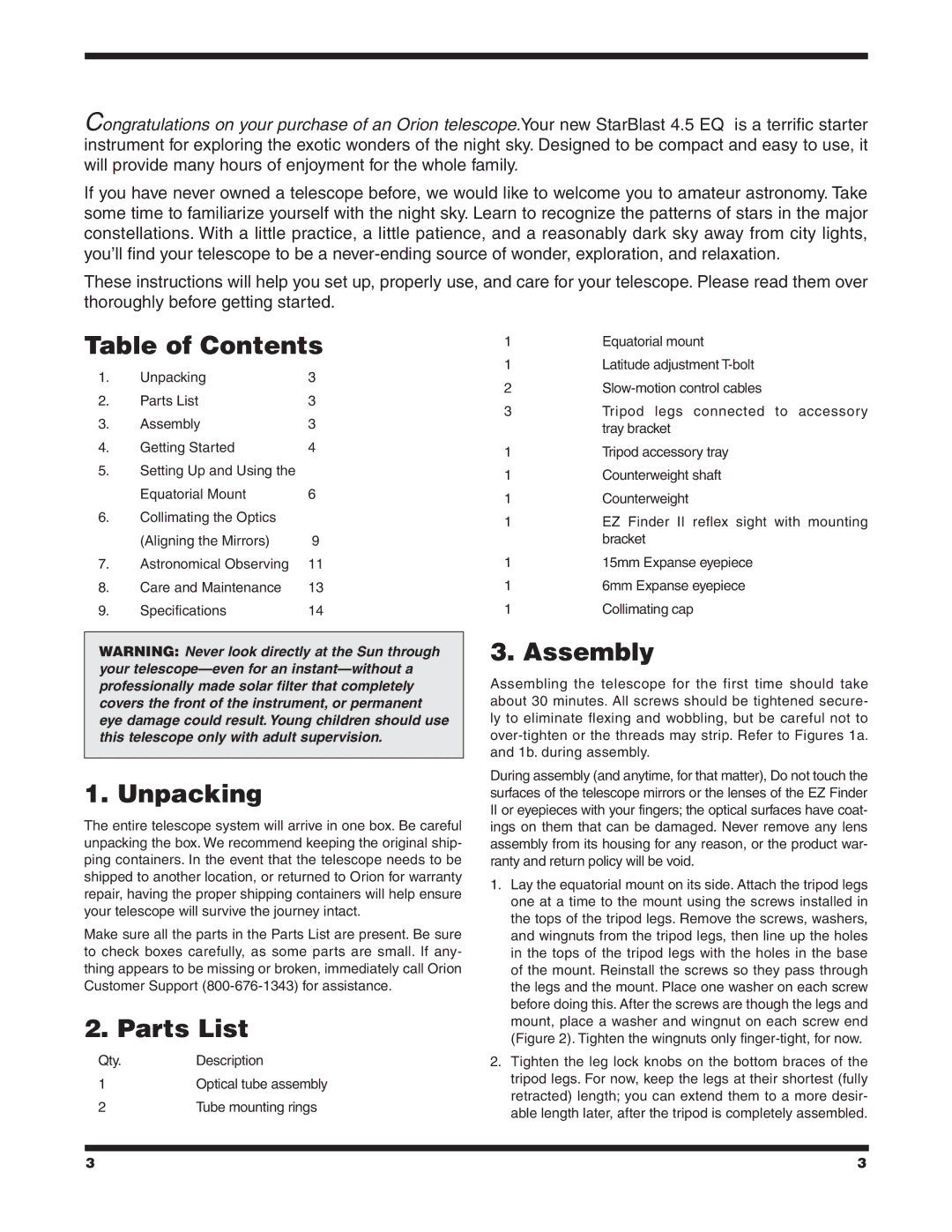 Orion 4.5 EQ instruction manual Table of Contents, Unpacking, Parts List, Assembly 