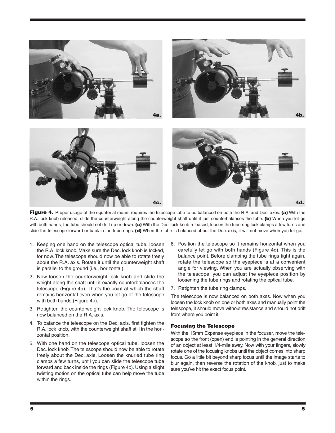 Orion 4.5 EQ instruction manual 4a.4b 4c.4d, Focusing the Telescope 