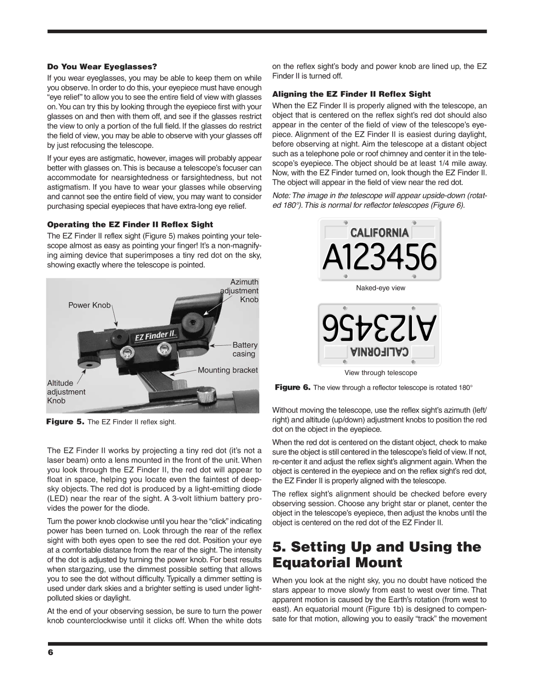 Orion 4.5 EQ Setting Up and Using the Equatorial Mount, Do You Wear Eyeglasses?, Operating the EZ Finder II Reflex Sight 