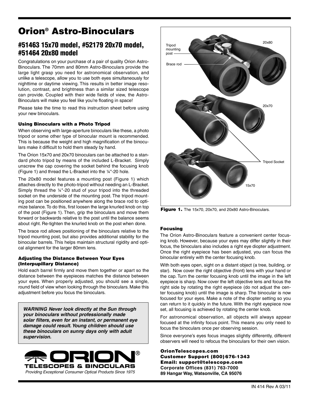 Orion 51463, 51464, 52179 instruction sheet Using Binoculars with a Photo Tripod, Focusing 