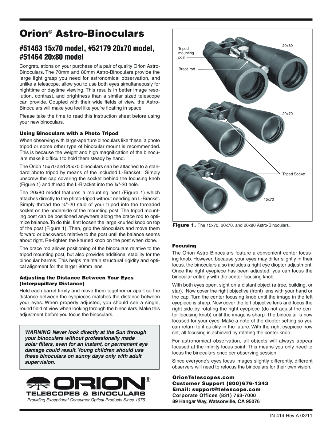 Orion 51463, 51464, 52179 instruction sheet Using Binoculars with a Photo Tripod, Focusing, Orion Astro-Binoculars 