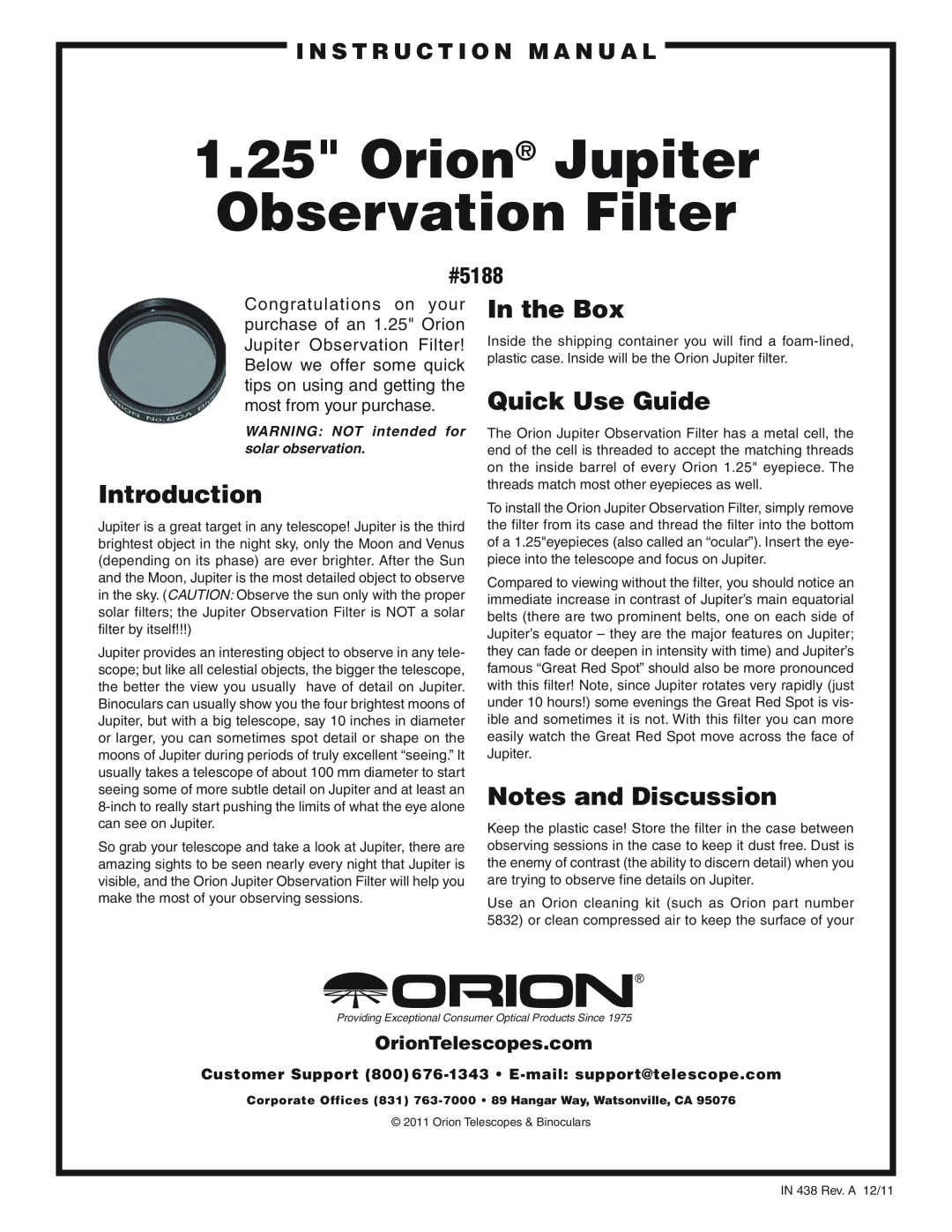Orion instruction manual i n s t r u c t i o n M a n u a l, #5188, OrionTelescopes.com, Introduction, In the Box 