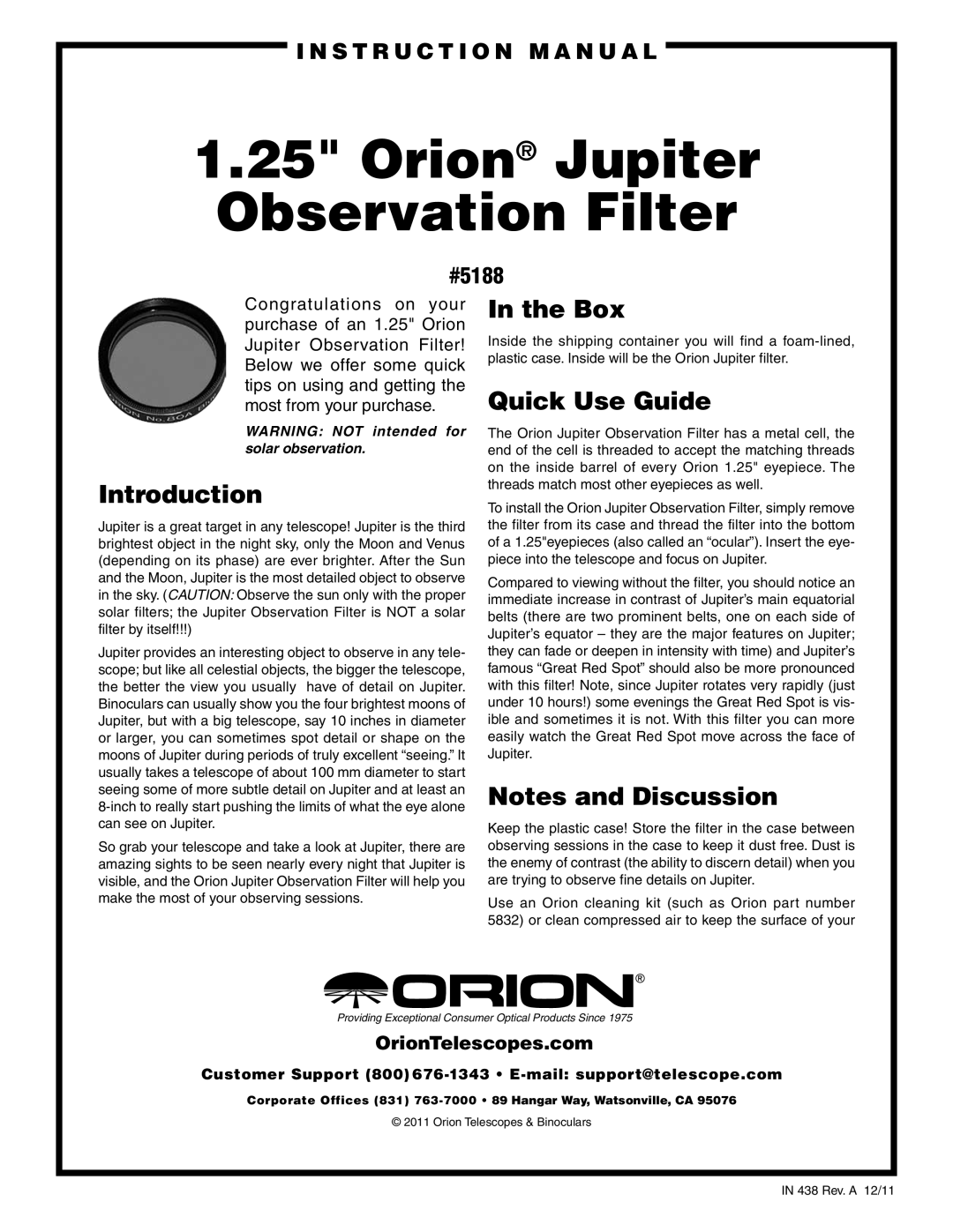 Orion 5188 instruction manual Orion Jupiter Observation Filter, Introduction, Box, Quick Use Guide 