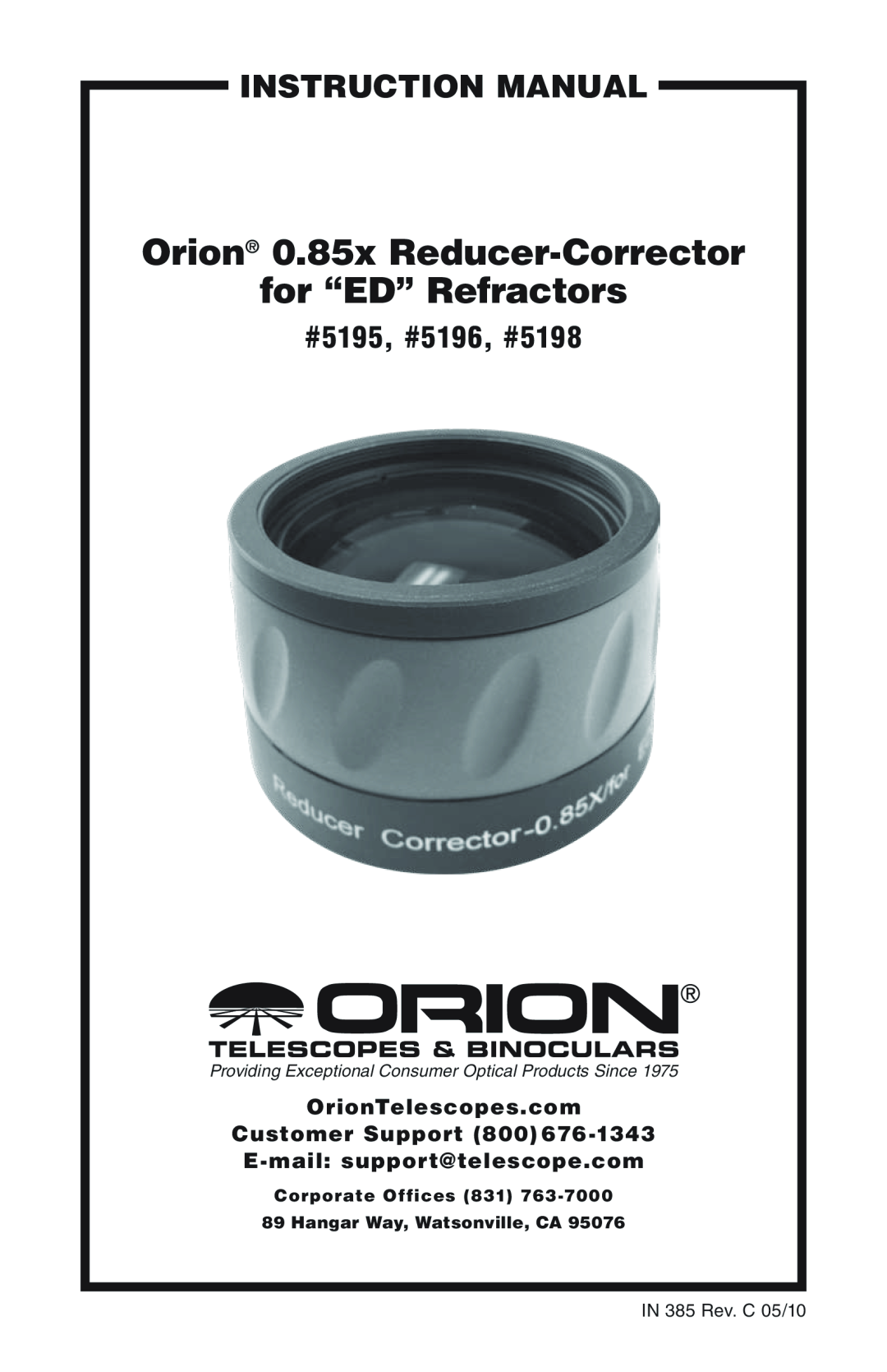 Orion instruction manual OrionTelescopes.com Customer Support 800, E-mail support@telescope.com, #5195, #5196, #5198 