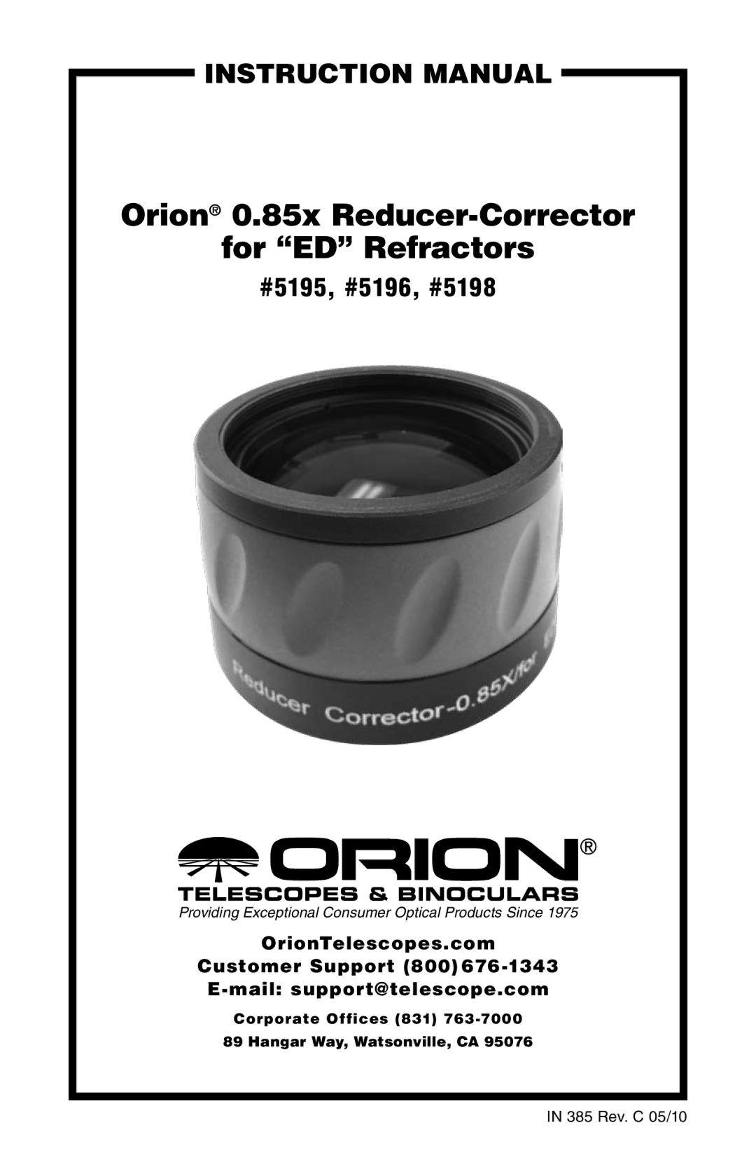 Orion instruction manual Orion 0.85x Reducer-Corrector For ED Refractors, #5195, #5196, #5198 