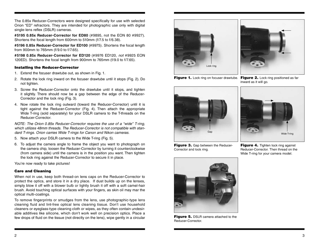 Orion 5198, 5195, 5196 instruction manual Care and Cleaning, Gap between the Reducer 