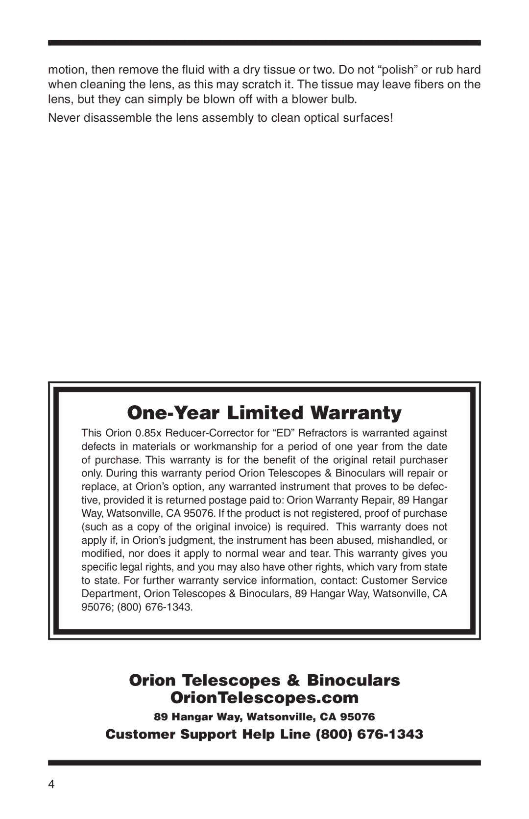 Orion 5195, 5196, 5198 instruction manual One-Year Limited Warranty 