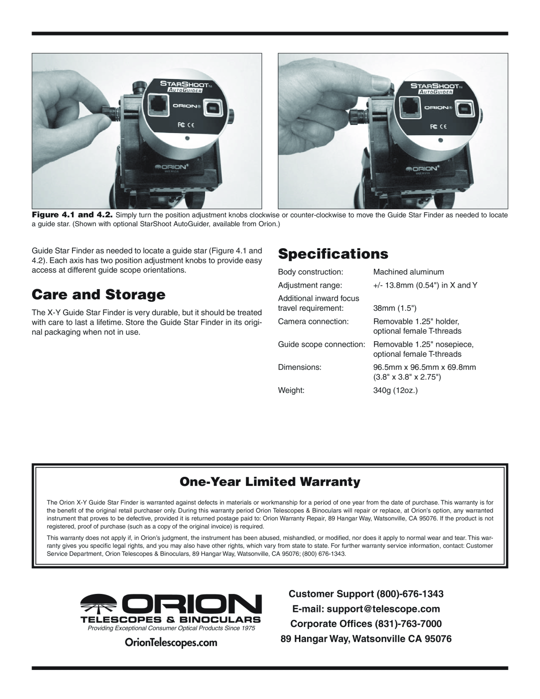 Orion #52061 Care and Storage, Specifications, One-YearLimited Warranty, OrionTelescopes.com, E-mail support@telescope.com 