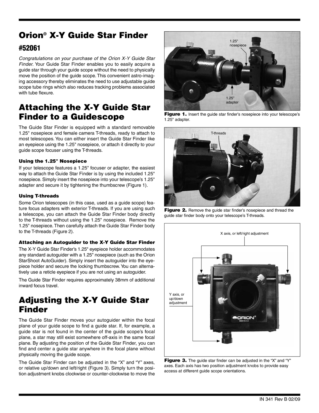 Orion #52061 manual Orion X-Y Guide Star Finder, Attaching the X-Y Guide Star Finder to a Guidescope 