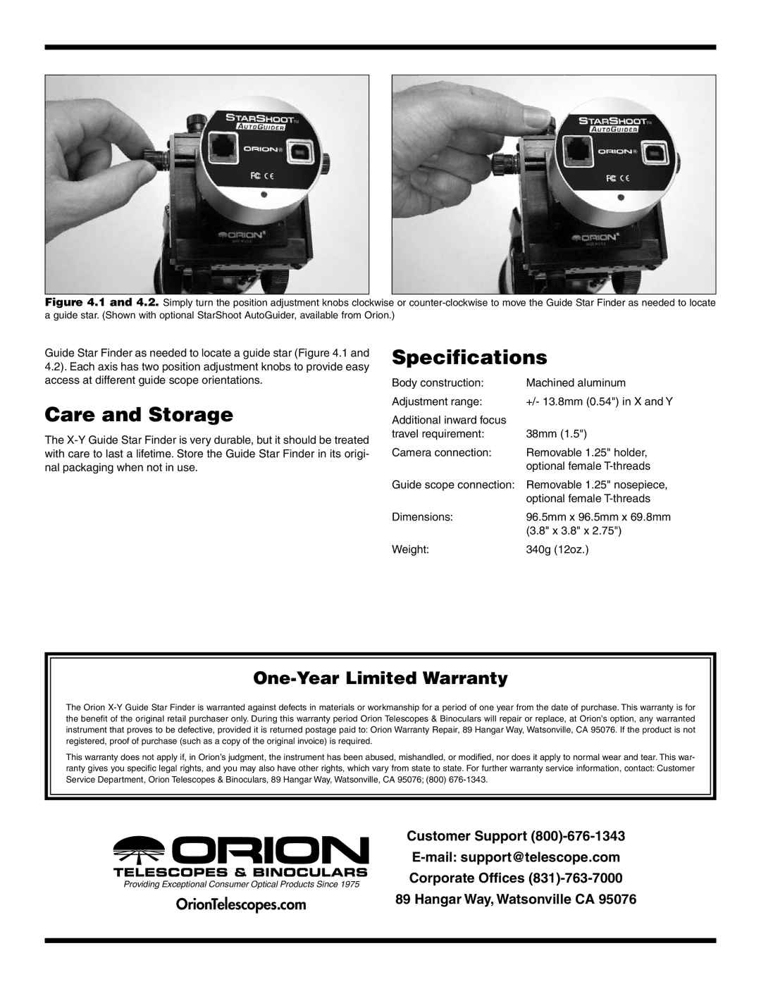 Orion #52061 manual Care and Storage, Specifications, One-Year Limited Warranty 