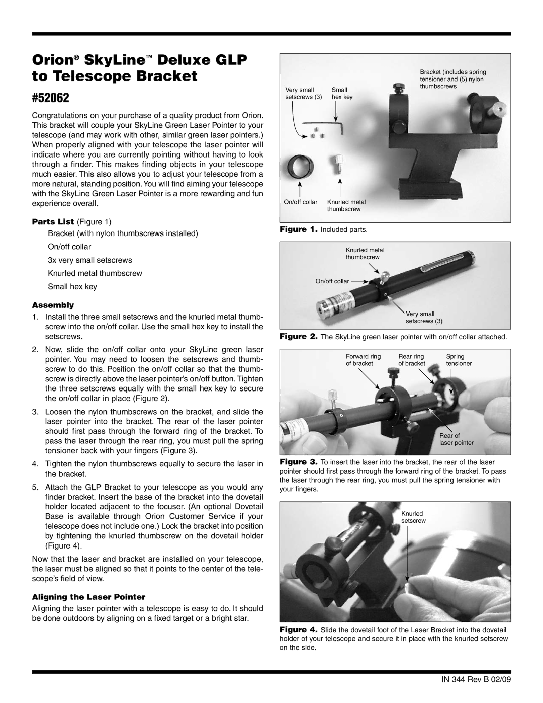 Orion manual Orion SkyLine Deluxe GLP to Telescope Bracket, #52062, Parts List Figure, Assembly 