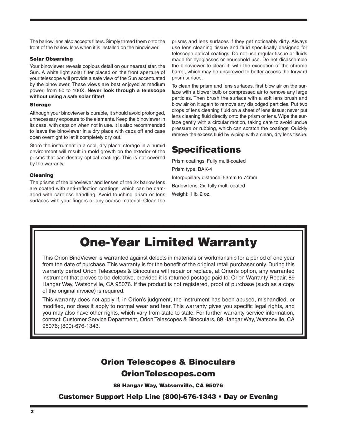 Orion 52071 instruction manual Specifications, Solar Observing, Storage, Cleaning 