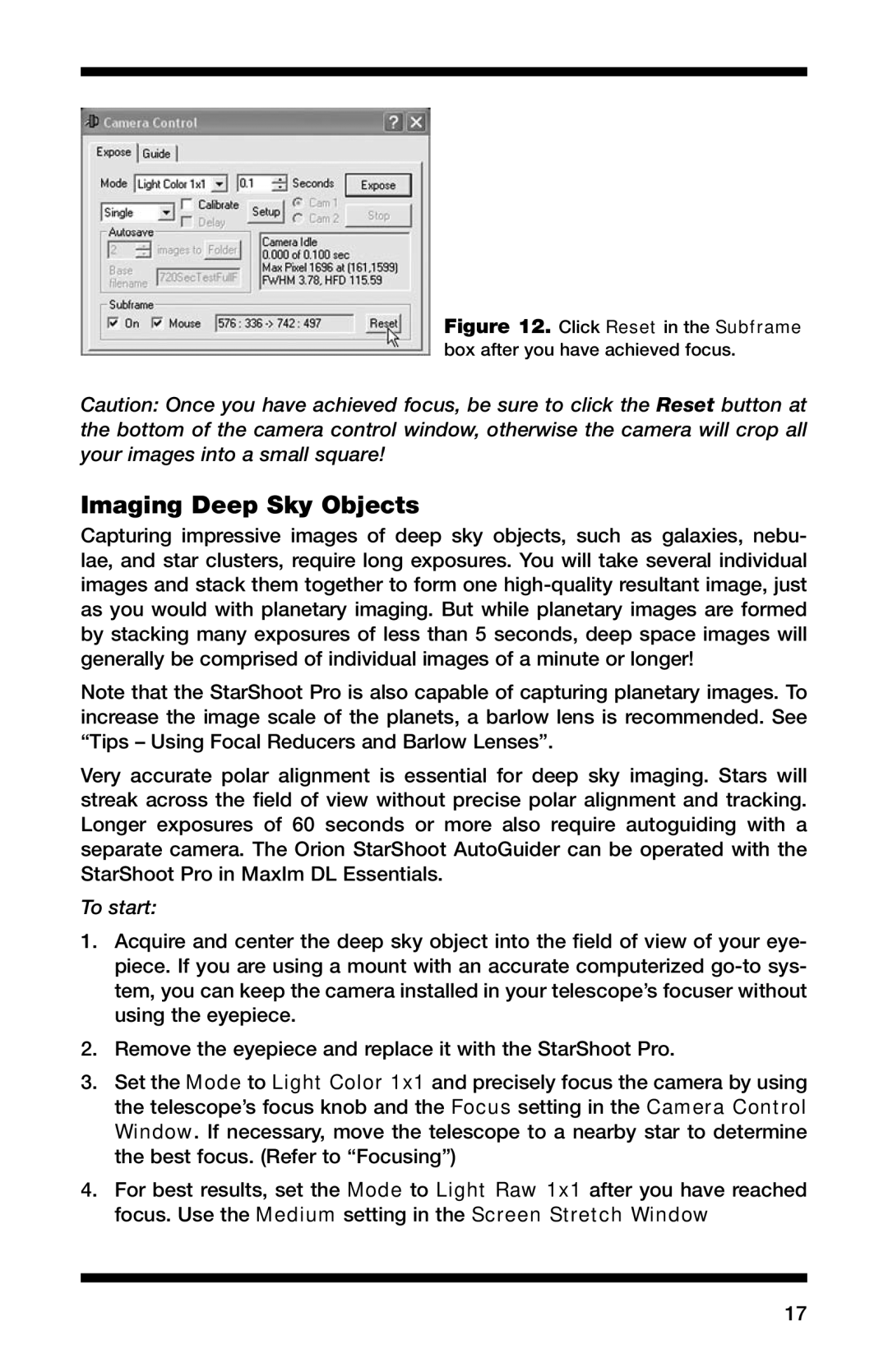 Orion 52084 instruction manual Imaging Deep Sky Objects, To start 