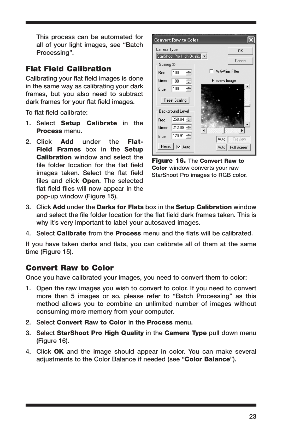 Orion 52084 instruction manual Flat Field Calibration, Convert Raw to Color, Select Setup Calibrate in the Process menu 