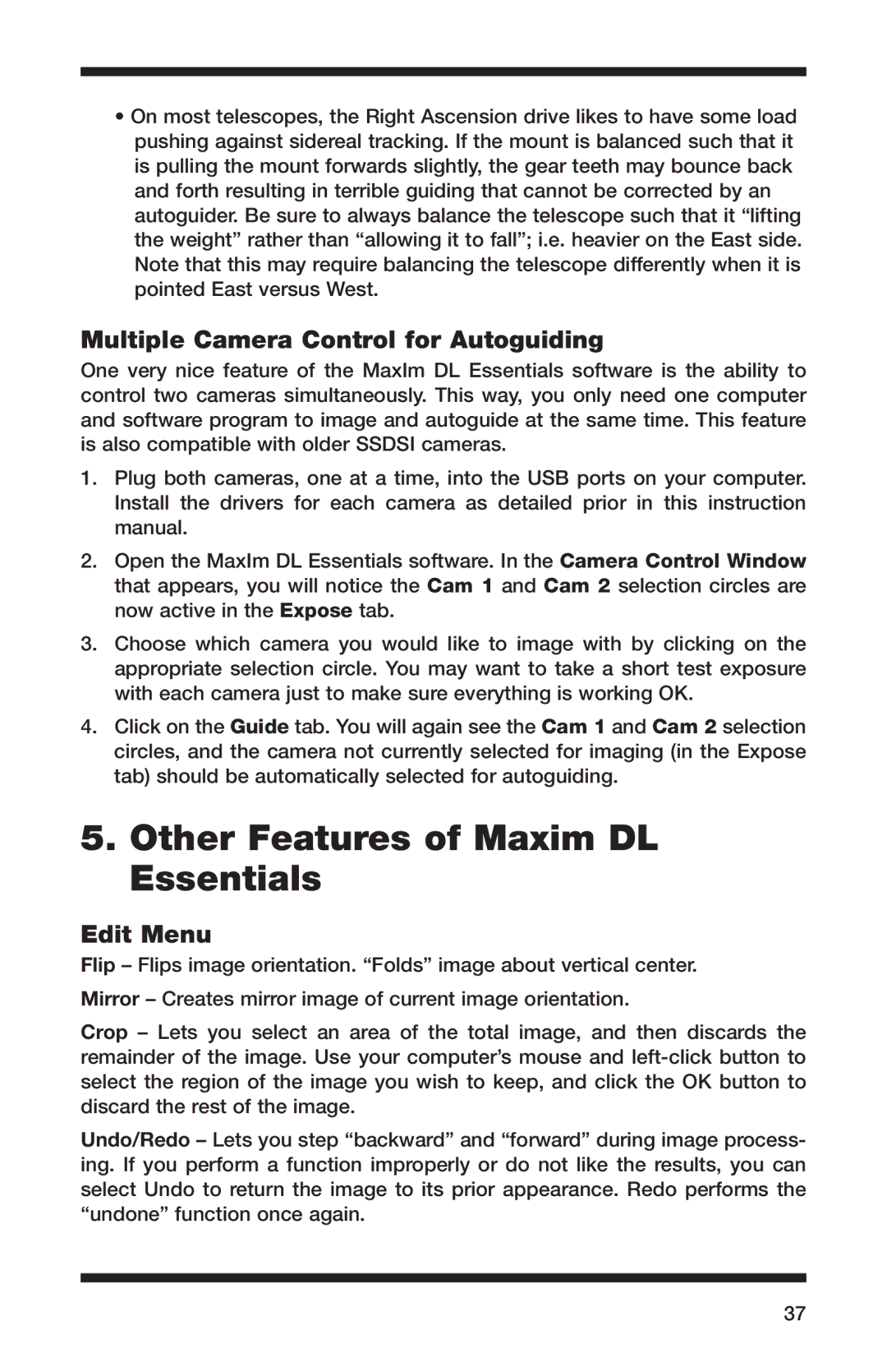 Orion 52084 instruction manual Other Features of Maxim DL Essentials, Multiple Camera Control for Autoguiding, Edit Menu 