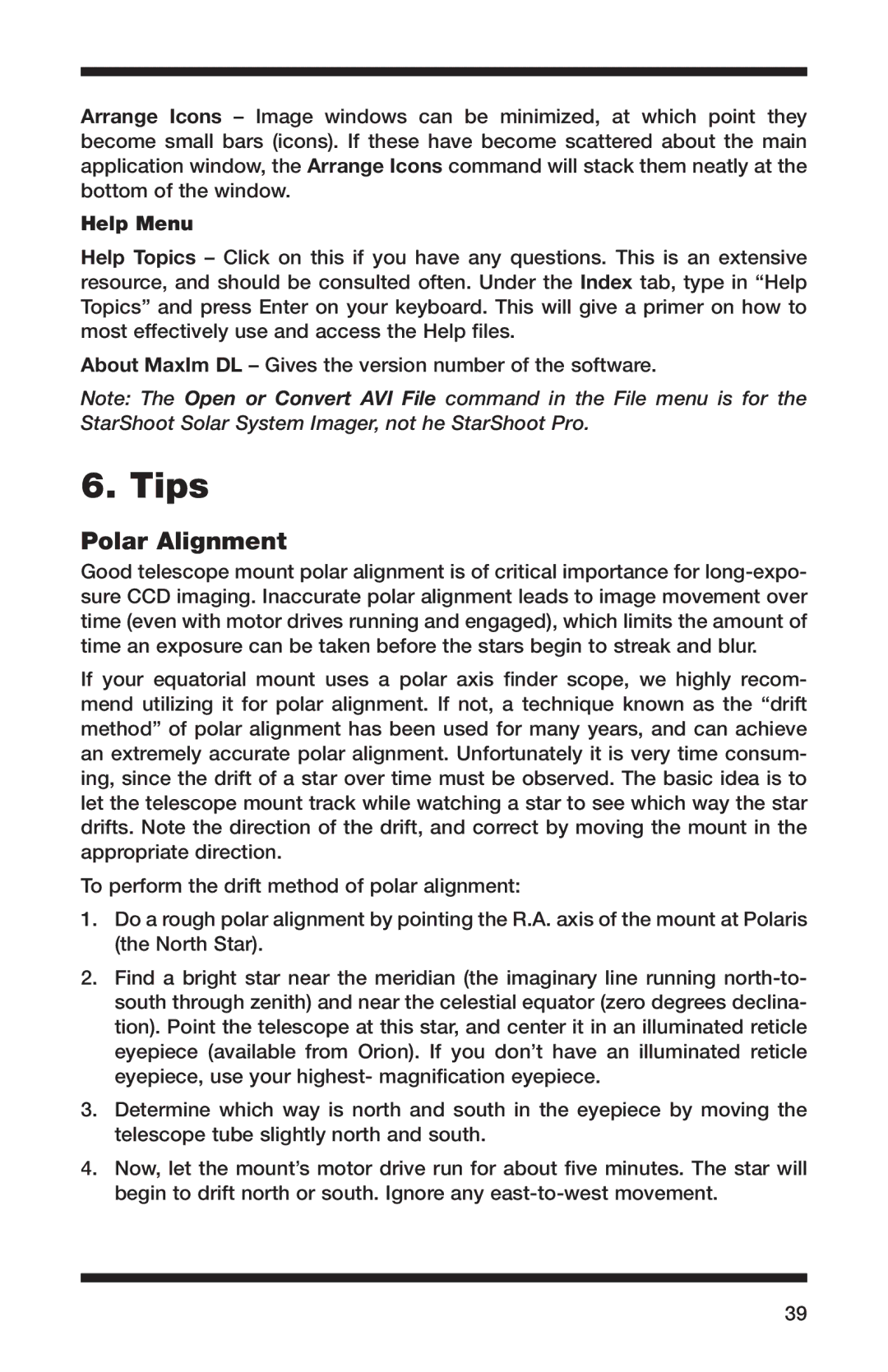 Orion 52084 instruction manual Tips, Polar Alignment, Help Menu 