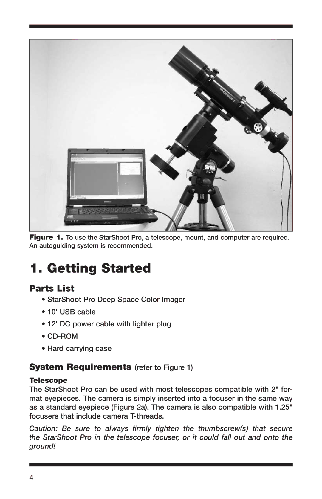 Orion 52084 instruction manual Getting Started, Parts List, System Requirements refer to Figure, Telescope 