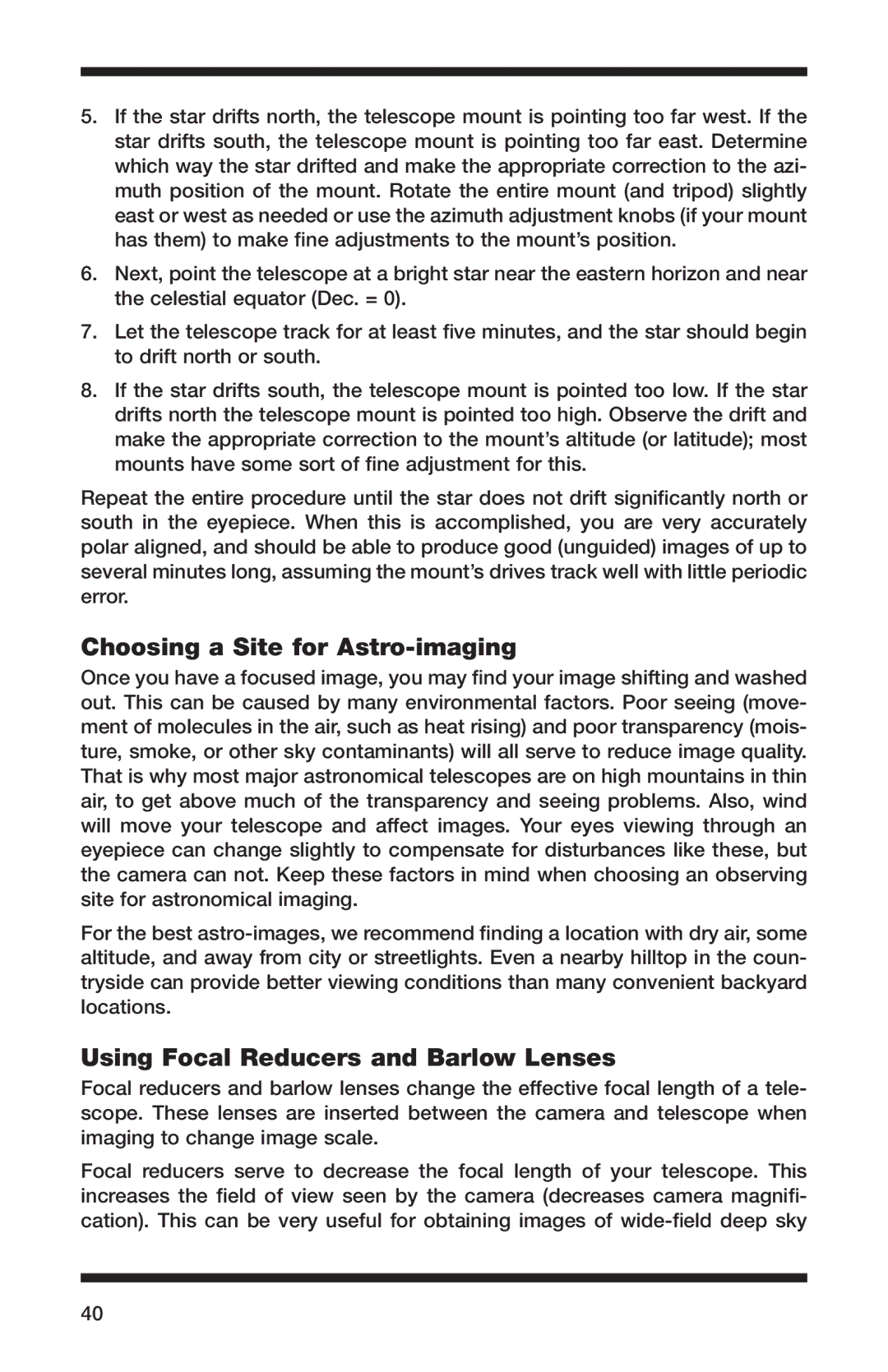 Orion 52084 instruction manual Choosing a Site for Astro-imaging, Using Focal Reducers and Barlow Lenses 