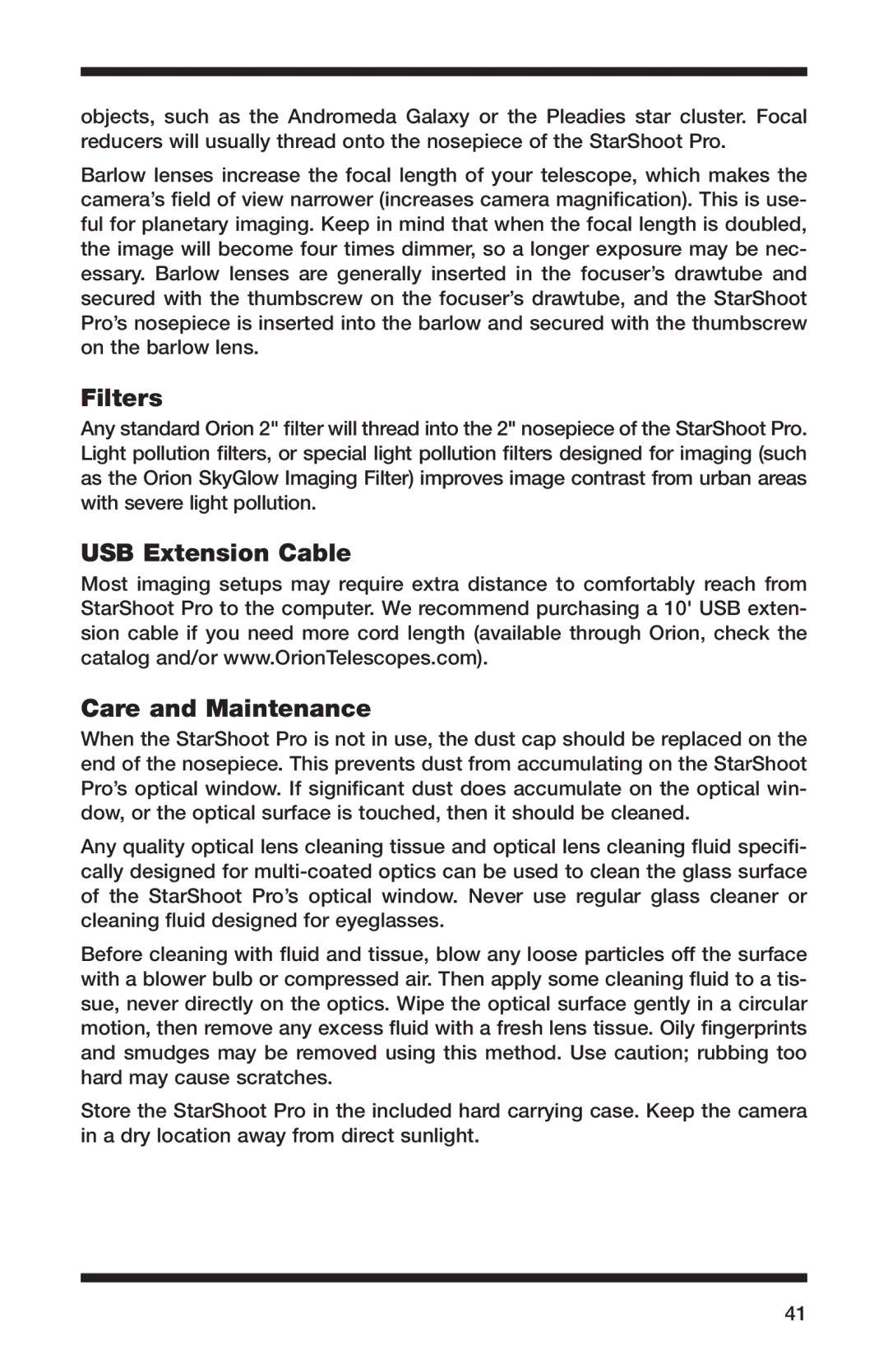 Orion 52084 instruction manual Filters, USB Extension Cable Care and Maintenance 