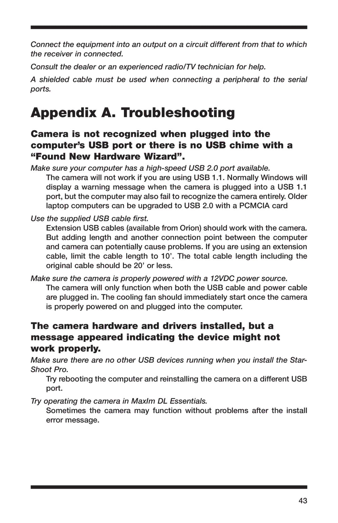 Orion 52084 instruction manual Appendix A. Troubleshooting, Use the supplied USB cable first 