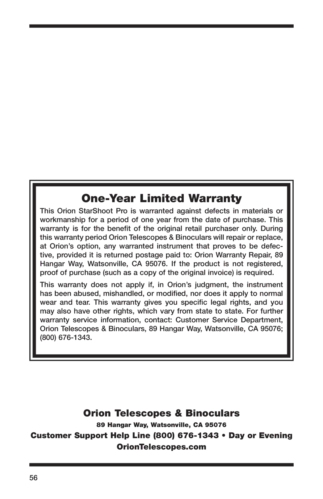 Orion 52084 instruction manual One-Year Limited Warranty 