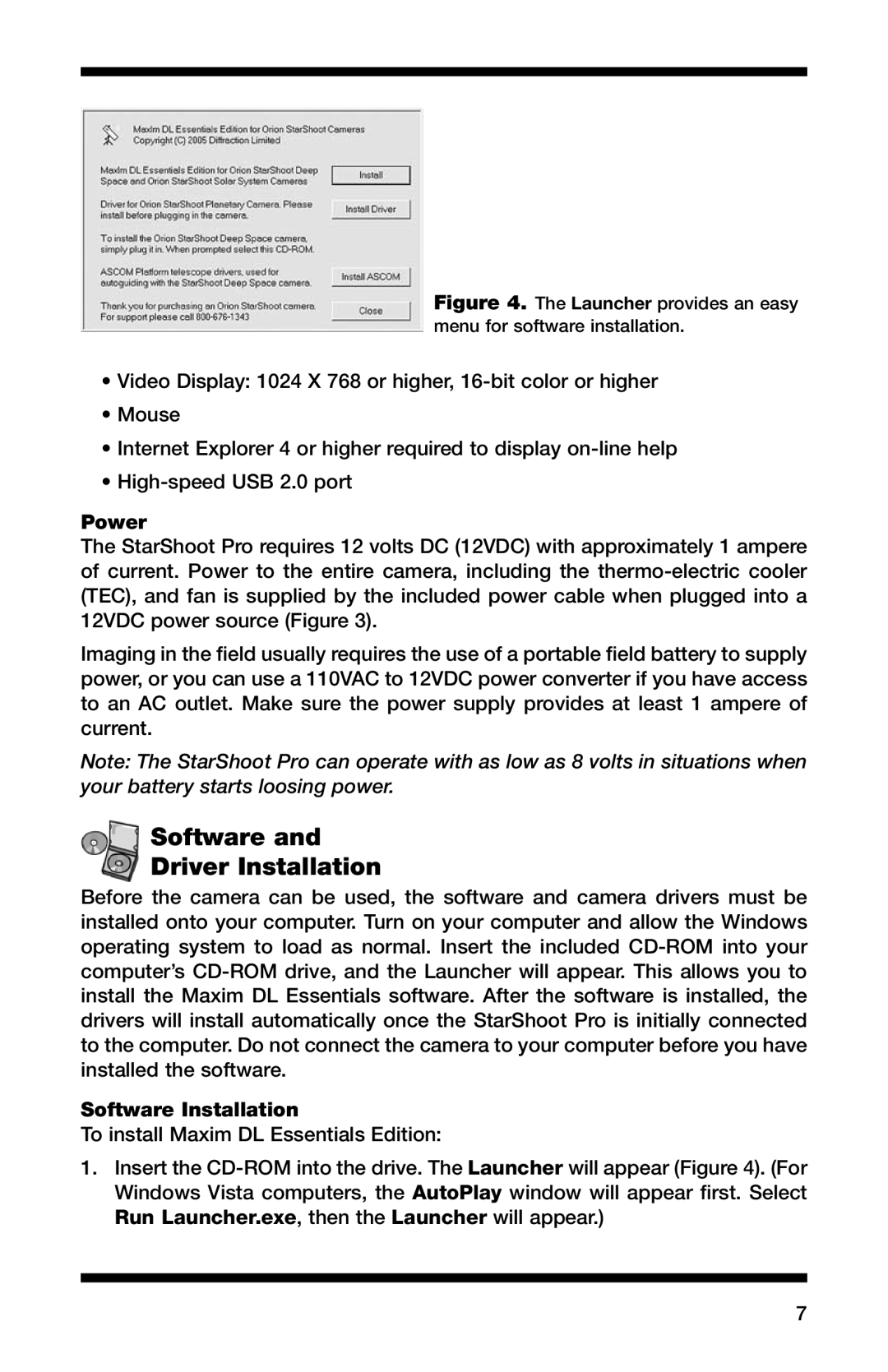 Orion 52084 instruction manual Software Driver Installation, Power, Software Installation 