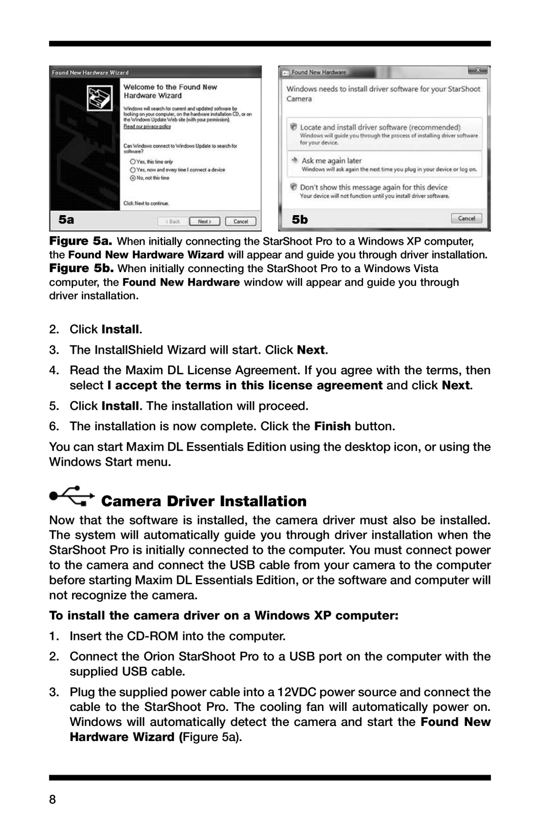 Orion 52084 instruction manual Camera Driver Installation, To install the camera driver on a Windows XP computer 