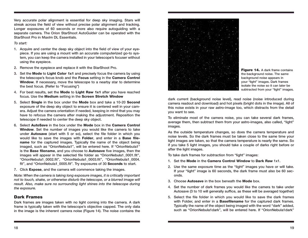 Orion 52085 instruction manual Dark Frames, Set the Mode in the Camera Control Window to Dark Raw 