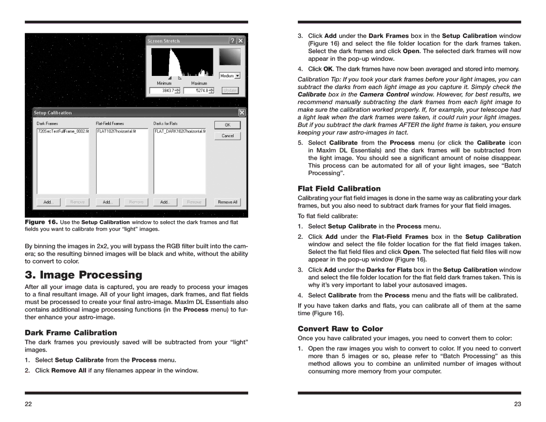 Orion 52085 instruction manual Image Processing, Dark Frame Calibration, Flat Field Calibration, Convert Raw to Color 