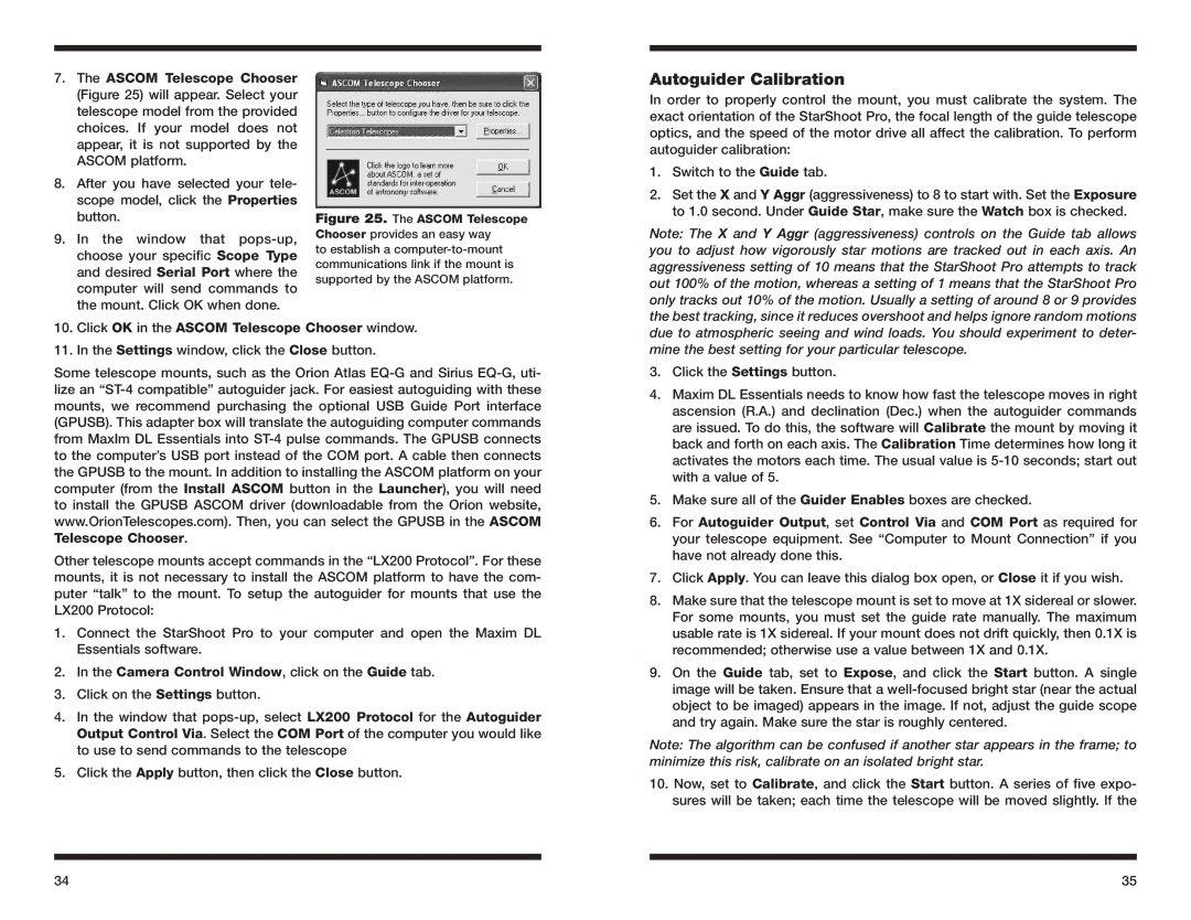 Orion 52085 instruction manual Autoguider Calibration, Click OK in the Ascom Telescope Chooser window 