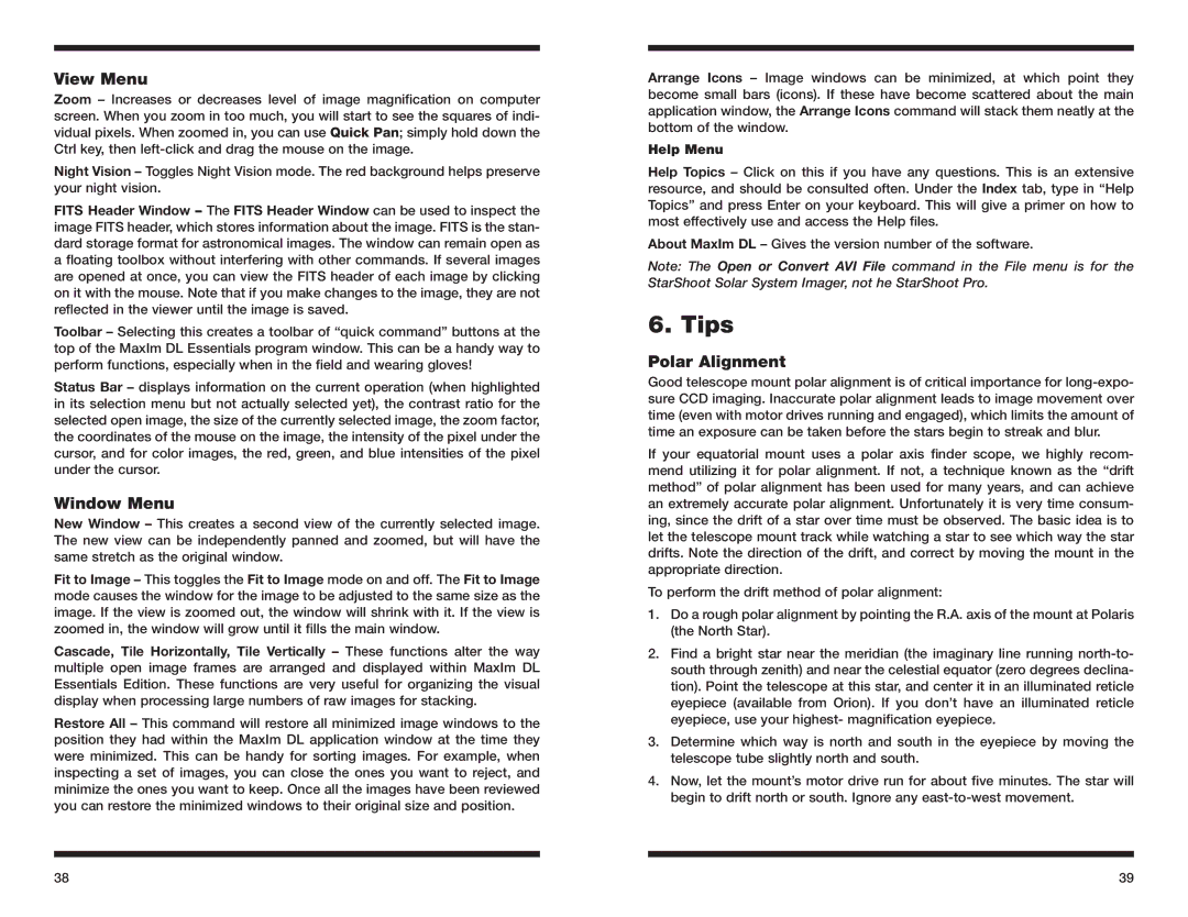 Orion 52085 instruction manual Tips, View Menu, Window Menu, Polar Alignment, Help Menu 