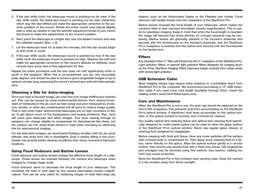 Orion 52085 instruction manual Choosing a Site for Astro-imaging, Using Focal Reducers and Barlow Lenses, Filters 