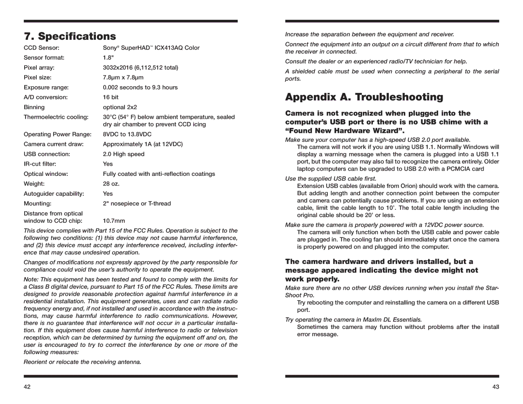 Orion 52085 instruction manual Specifications, Appendix A. Troubleshooting 