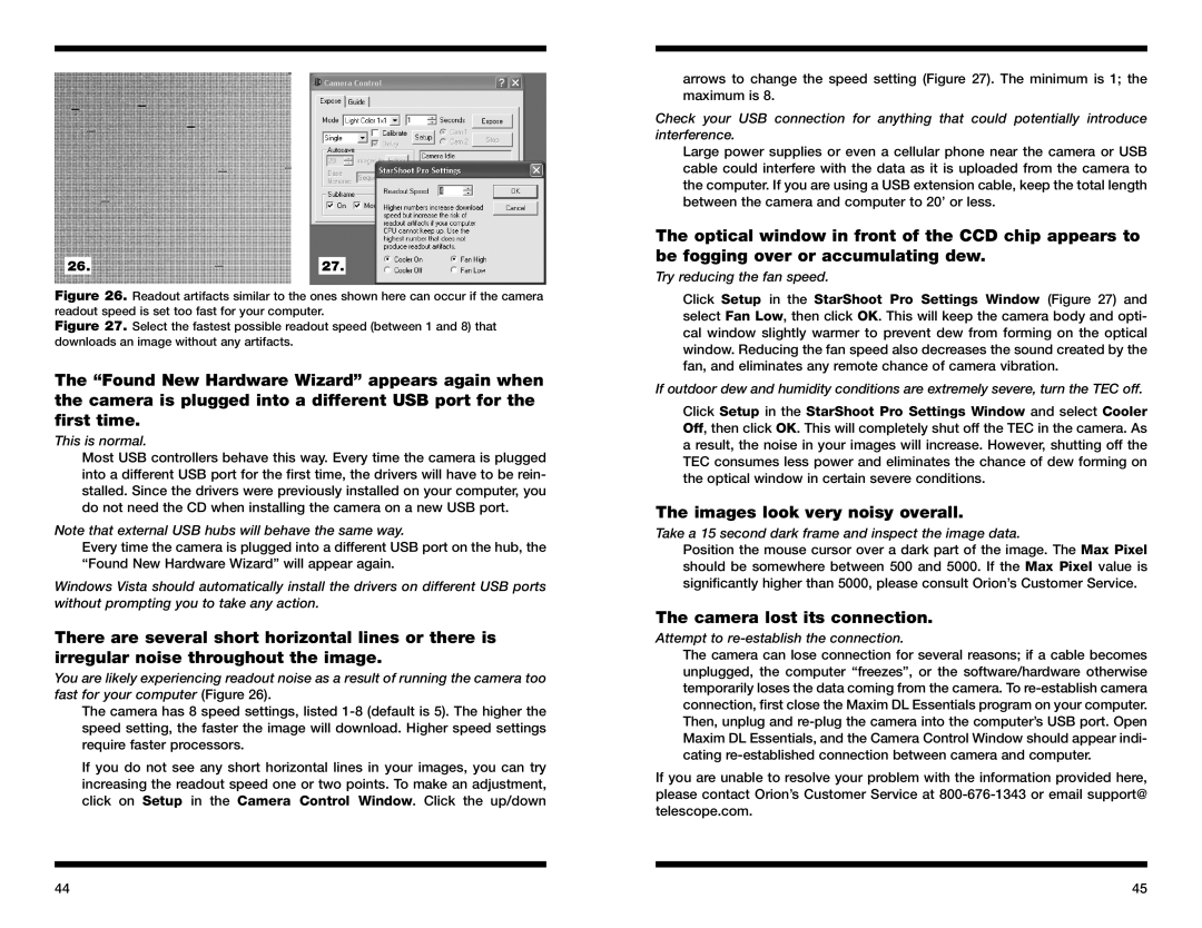 Orion 52085 instruction manual Images look very noisy overall, Camera lost its connection, 26.27 