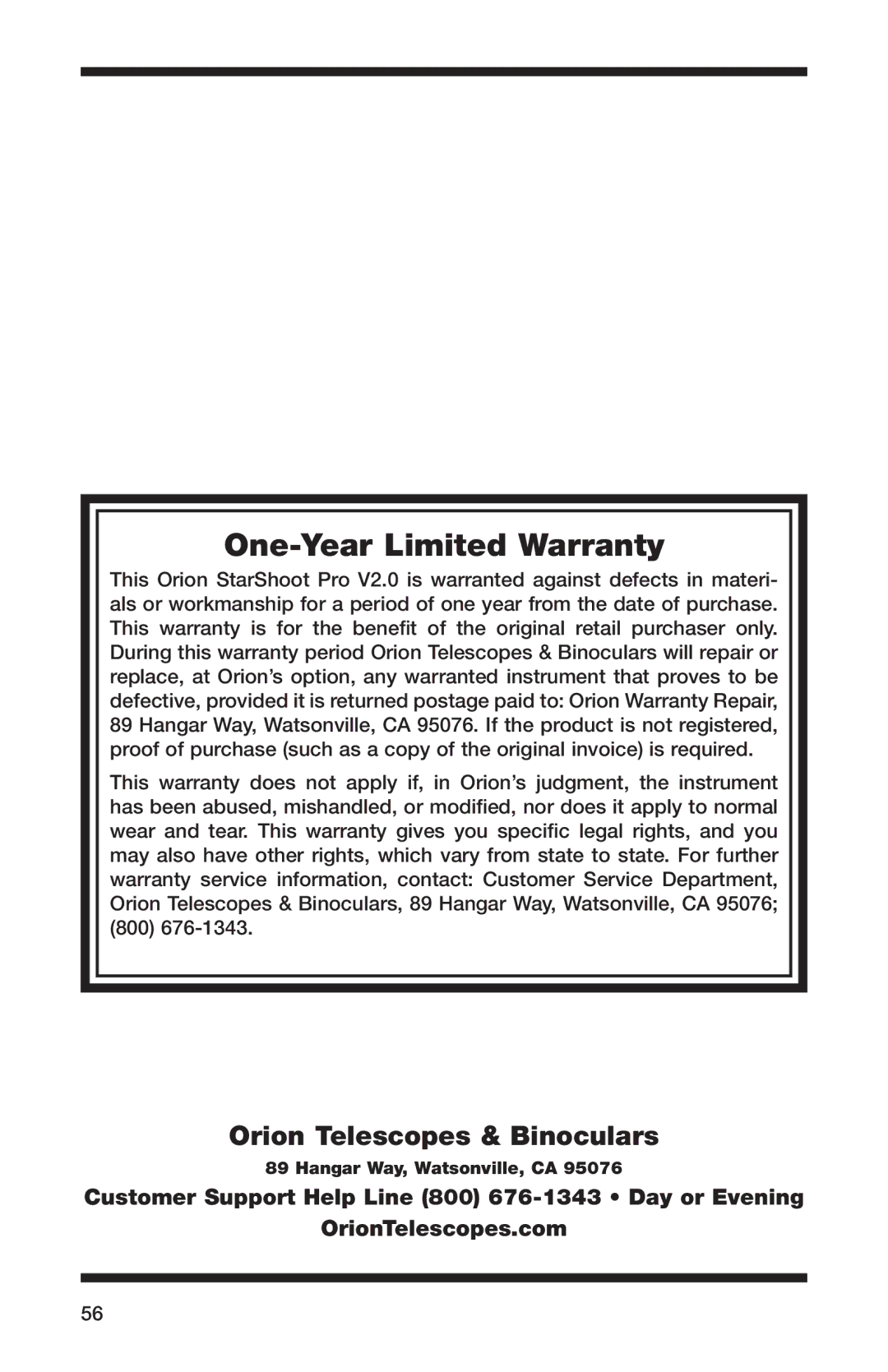 Orion 52085 instruction manual One-Year Limited Warranty 