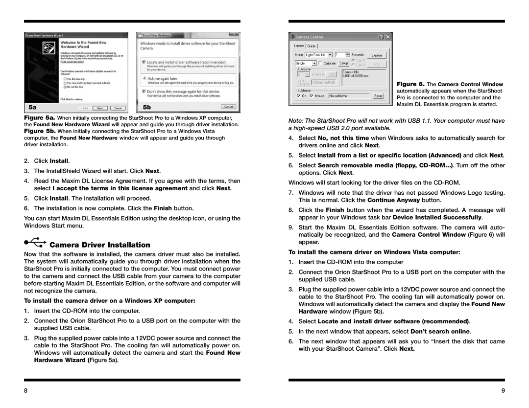 Orion 52085 instruction manual Camera Driver Installation, To install the camera driver on a Windows XP computer 