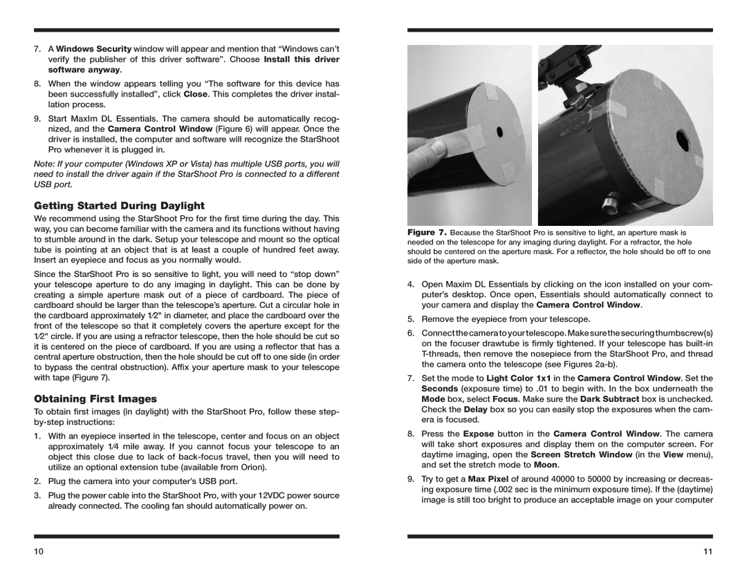 Orion 52085 instruction manual Getting Started During Daylight, Obtaining First Images 